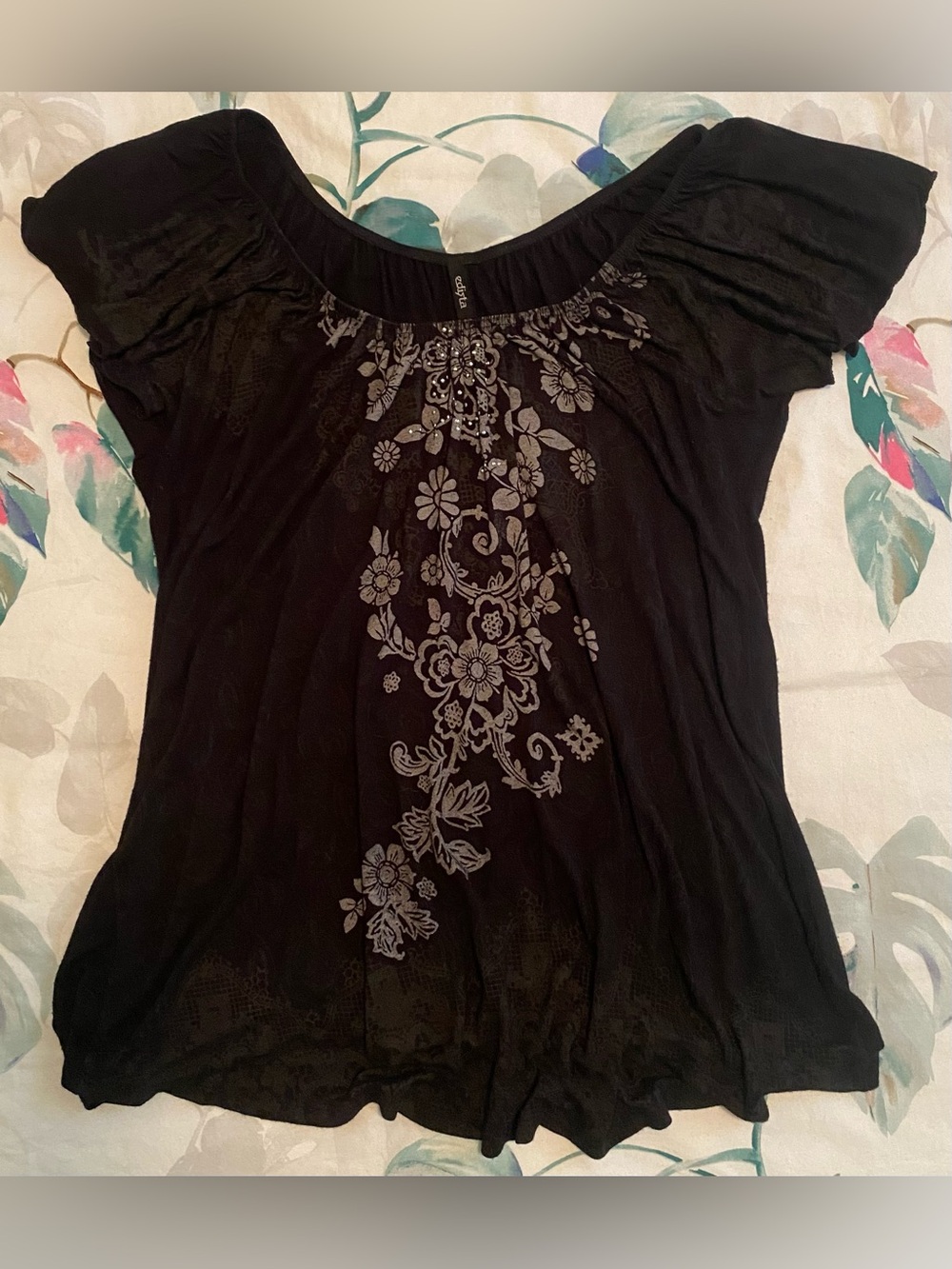 Black Floral Embroidered Scoop Neck Women's Top